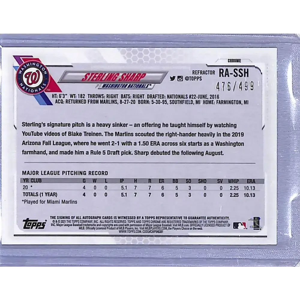 2021 Topps Chrome Rookie Autographs Refractor #RA-SSH Sterling Sharp NM-MT RC Rookie Auto 476/499 - Baseball Card Single