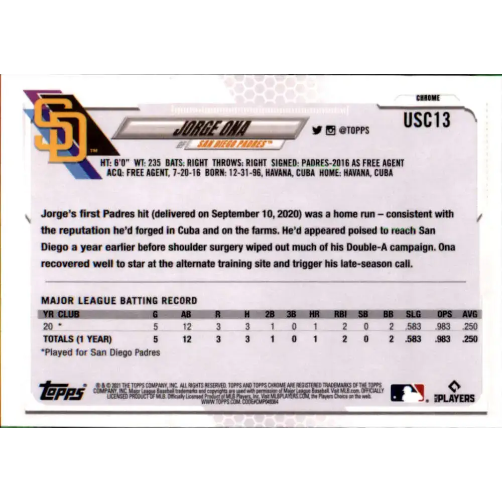2021 Topps Chrome Update #USC13 Jorge Ona NM-MT RC Rookie San Diego Padres Baseball Card - Baseball Card Single