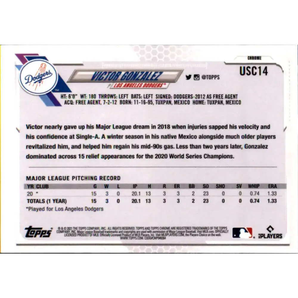 2021 Topps Chrome Update #USC14 Victor Gonzalez NM-MT RC Rookie Los Angeles Dodgers Baseball Card - Trading Card