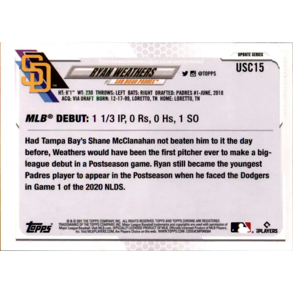 2021 Topps Chrome Update #USC15 Ryan Weathers NM-MT RC Rookie San Diego Padres Baseball Card - Baseball Card