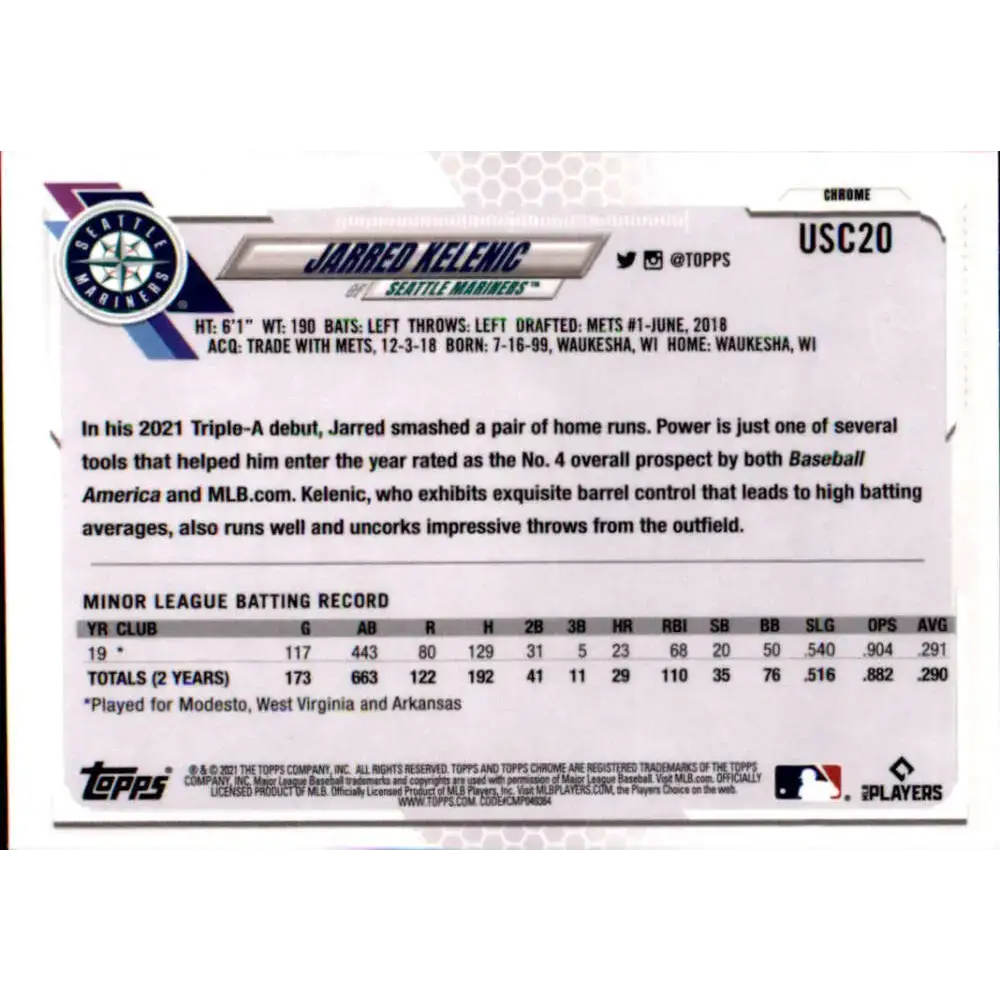2021 Topps Chrome Update #USC20 Jarred Kelenic NM-MT RC Rookie Seattle Mariners Baseball Card - Baseball Card Single