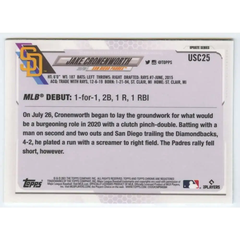 2021 Topps Chrome Update #USC25 Jake Cronenworth NM-MT RC Rookie San Diego Padres Baseball Card