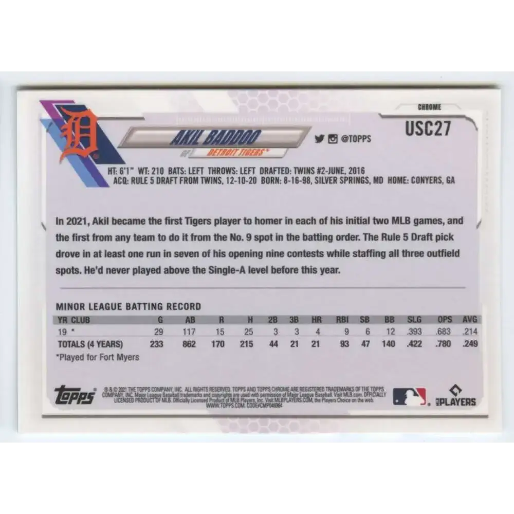 2021 Topps Chrome Update #USC27 Akil Baddoo NM-MT RC Rookie Detroit Tigers Baseball Card - Baseball Card