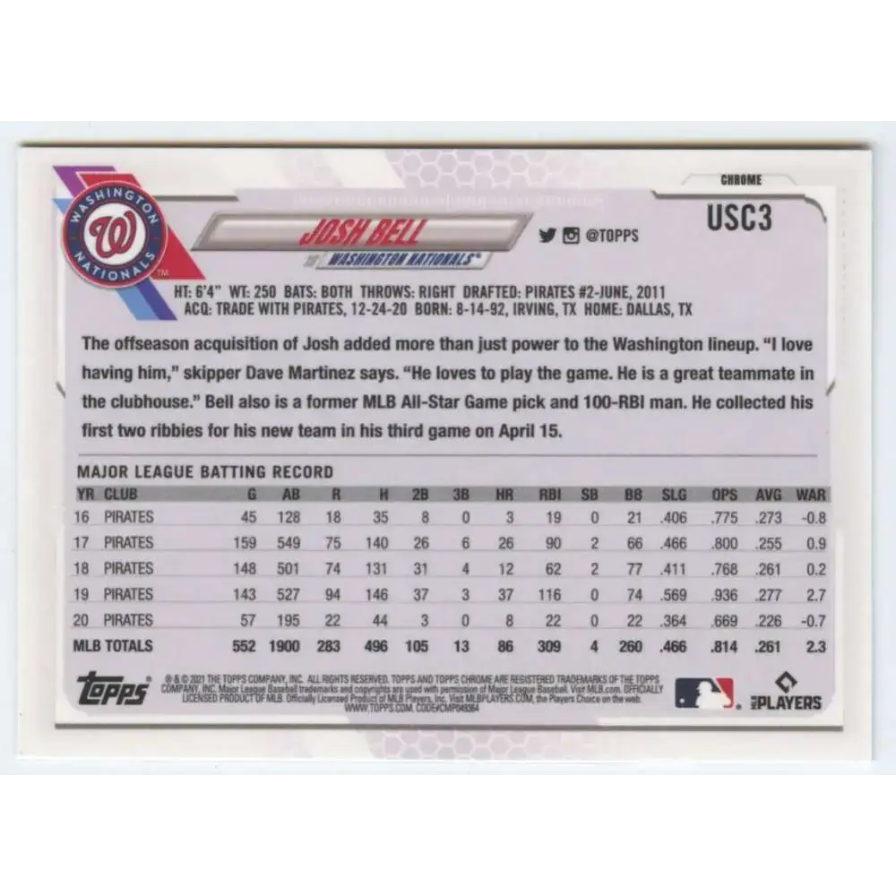 2021 Topps Chrome Update #USC3 Josh Bell NM-MT Washington Nationals Baseball Card - Baseball Card Single