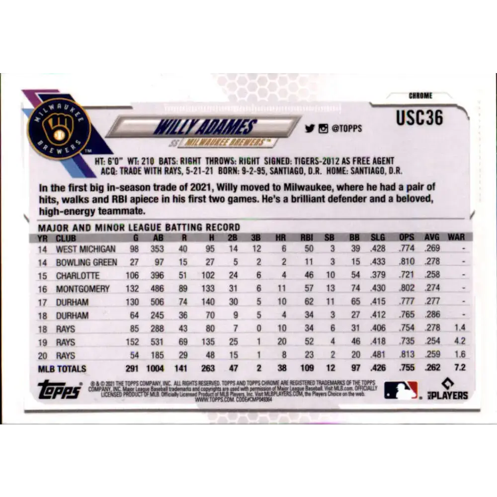 2021 Topps Chrome Update #USC36 Willy Adames NM-MT Milwaukee Brewers Baseball Card