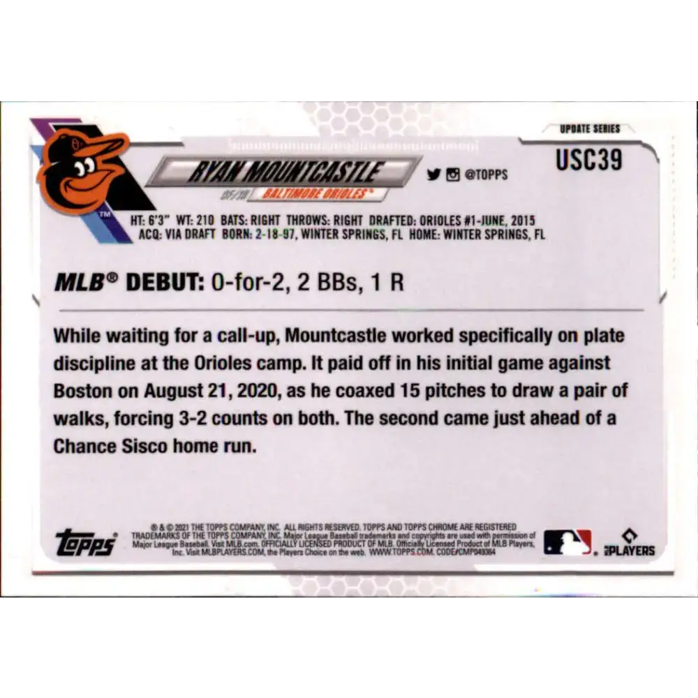 2021 Topps Chrome Update #USC39 Ryan Mountcastle NM-MT RC Rookie Baltimore Orioles Baseball Card - Baseball Card