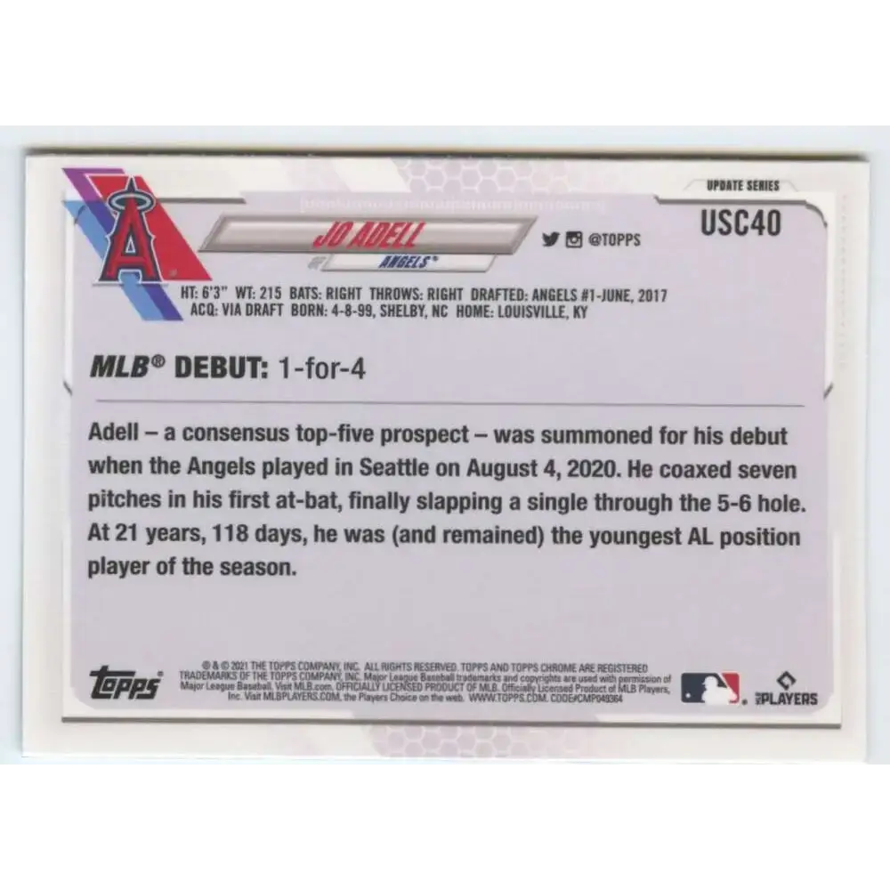 2021 Topps Chrome Update #USC40 Jo Adell NM-MT RC Rookie Los Angeles Angels Baseball Card - Baseball Card Single
