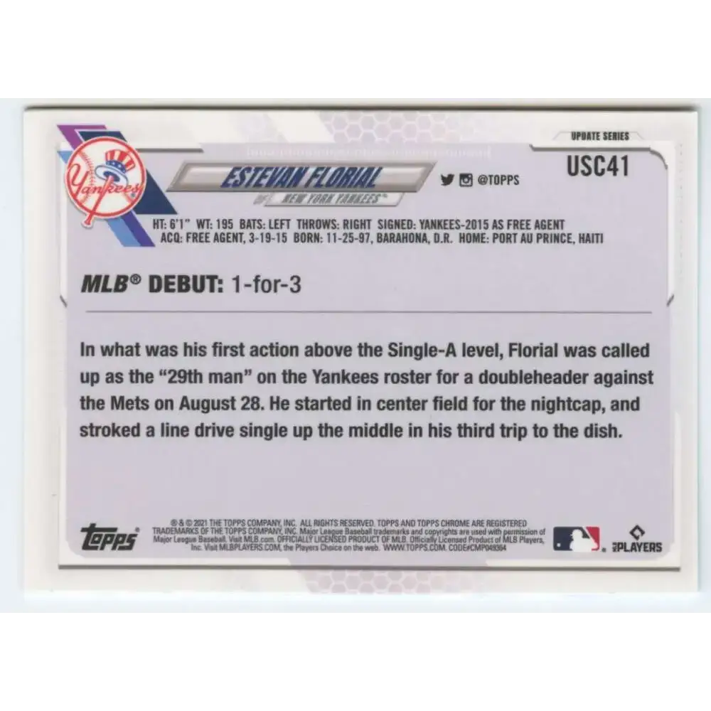 2021 Topps Chrome Update #USC41 Estevan Florial NM-MT RC Rookie New York Yankees Baseball Card - Baseball Card