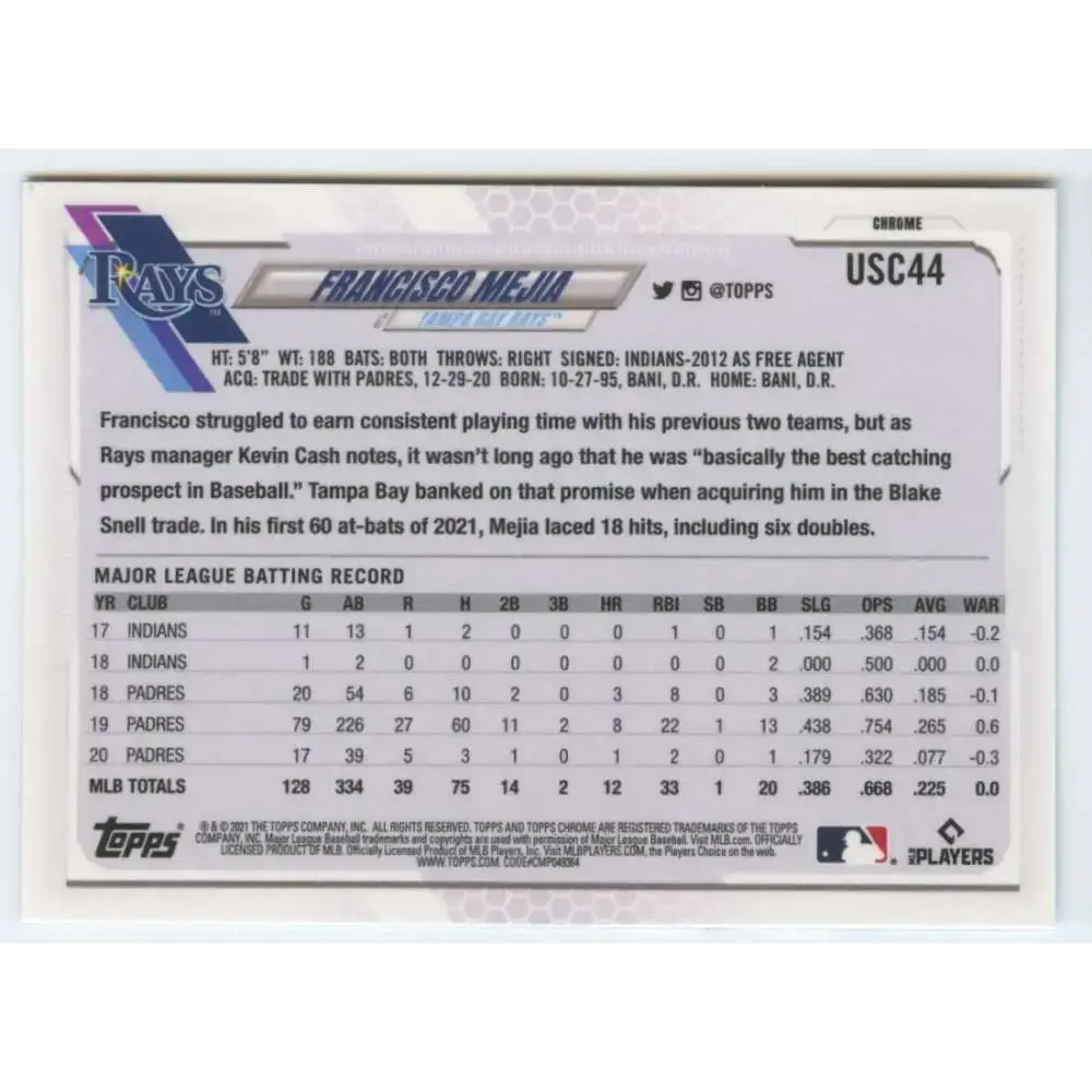 2021 Topps Chrome Update #USC44 Francisco Mejia NM-MT Tampa Bay Rays Baseball Card - Baseball Card Single