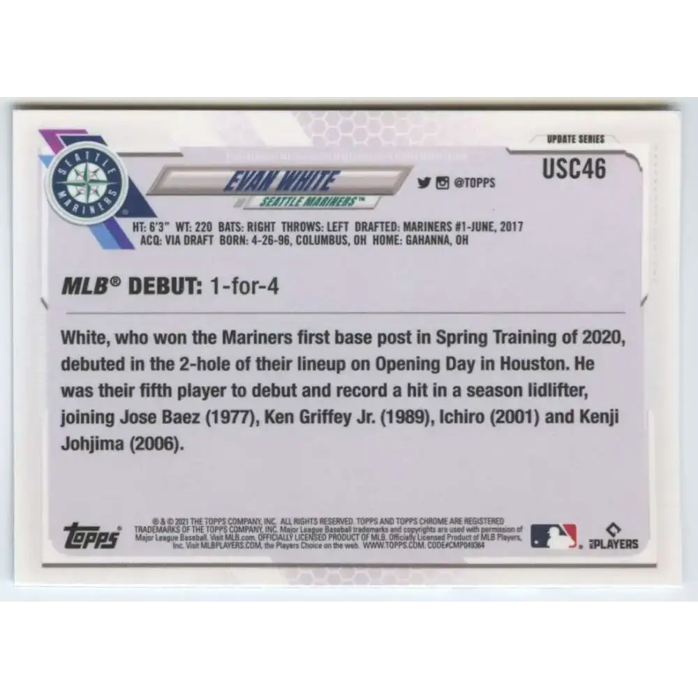 2021 Topps Chrome Update #USC46 Evan White NM-MT RC Rookie Seattle Mariners Baseball Card - Baseball Card
