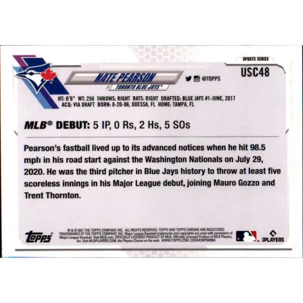 2021 Topps Chrome Update #USC48 Nate Pearson NM-MT RC Rookie Toronto Blue Jays Baseball Card - Baseball Card Single