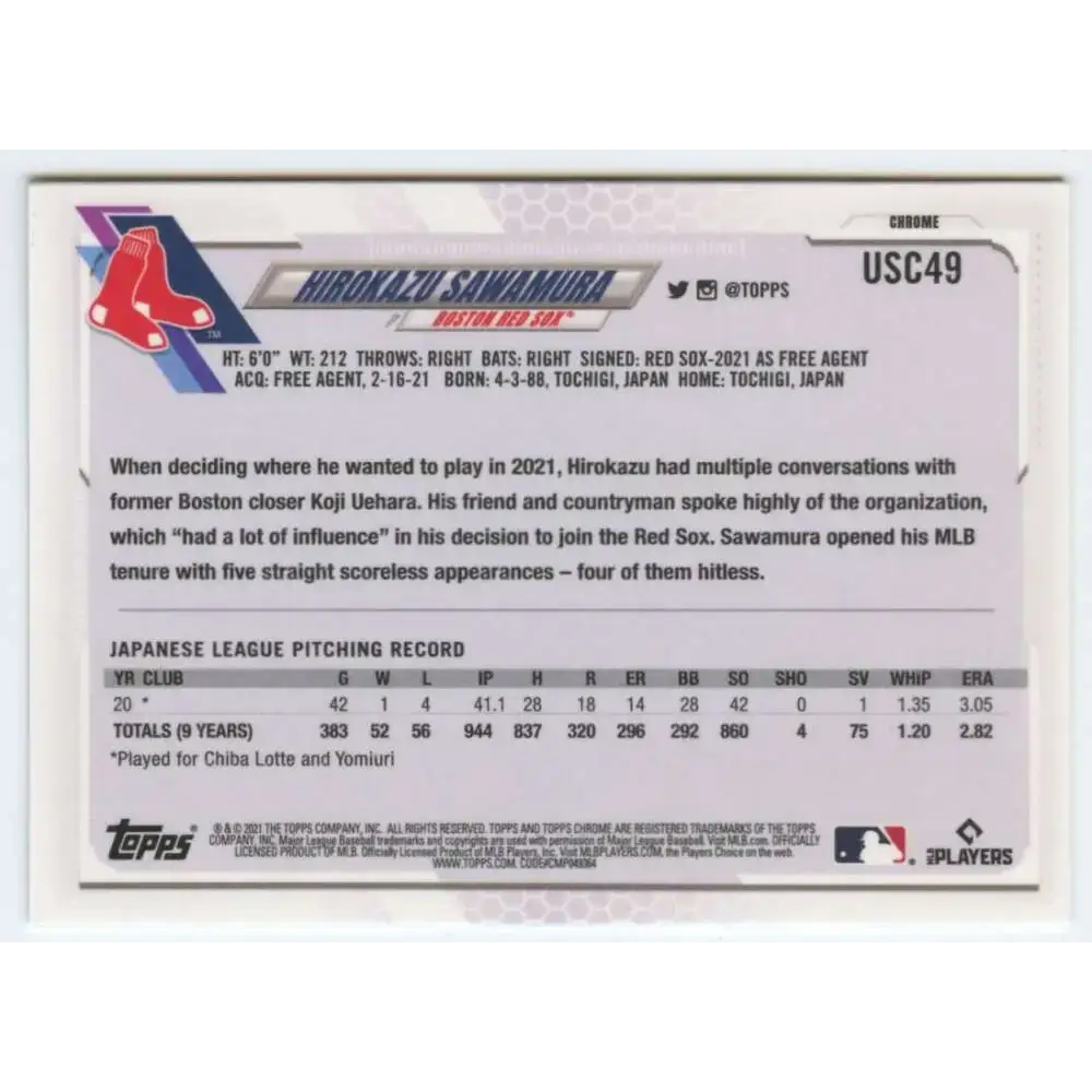 2021 Topps Chrome Update #USC49 Hirokazu Sawamura NM-MT RC Rookie Boston Red Sox Baseball Card - Baseball Card Single