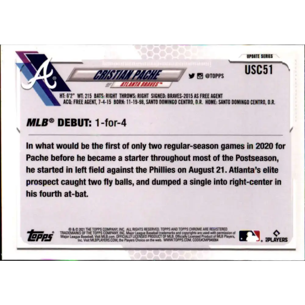 2021 Topps Chrome Update #USC51 Cristian Pache NM-MT RC Rookie Atlanta Braves Baseball Card - Baseball Card