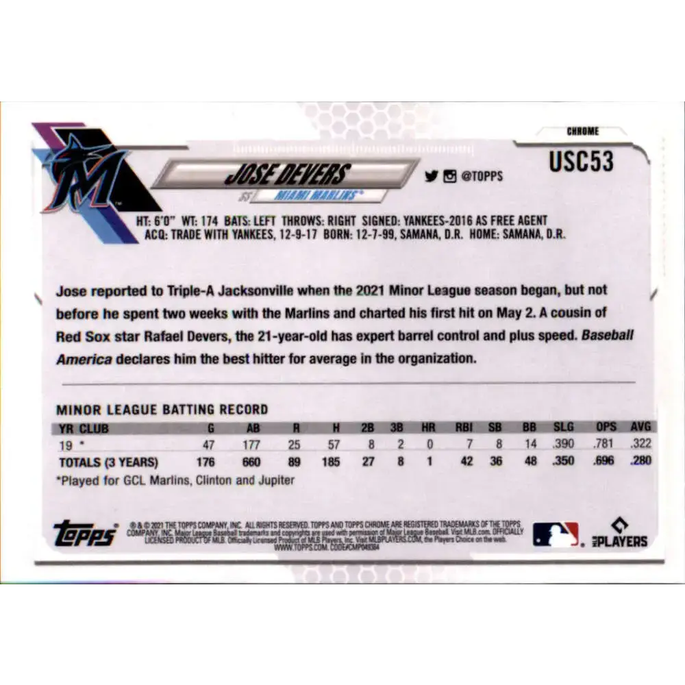 2021 Topps Chrome Update #USC53 Jose Devers NM-MT RC Rookie Miami Marlins Baseball Card - Baseball Card Single