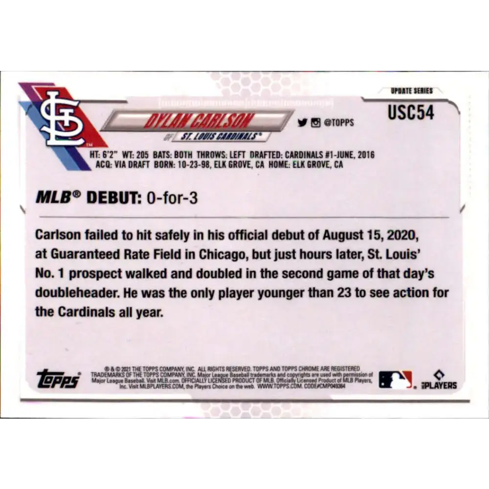 2021 Topps Chrome Update #USC54 Dylan Carlson NM-MT RC Rookie St. Louis Cardinals Baseball Card - Baseball Card