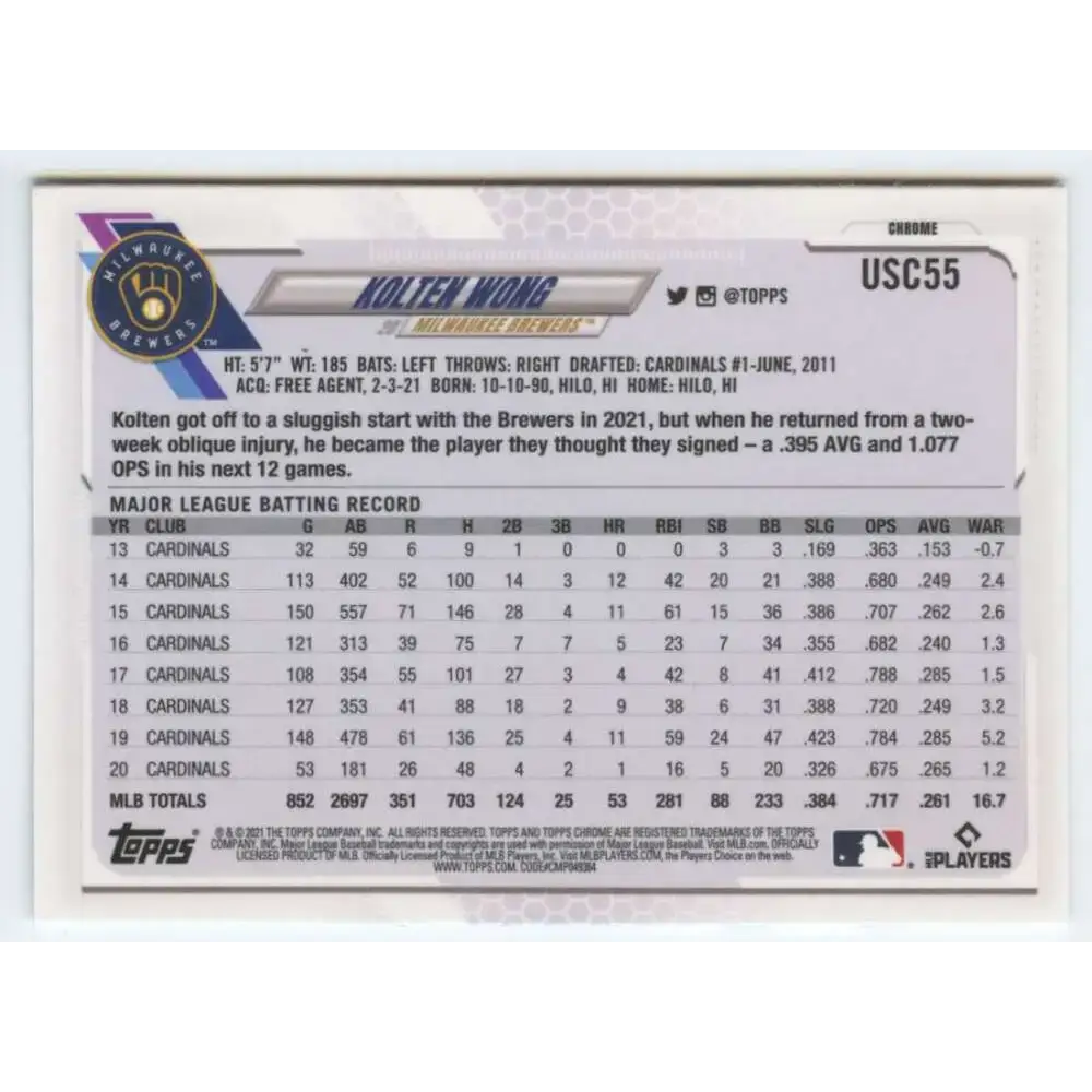 2021 Topps Chrome Update #USC55 Kolten Wong NM-MT Milwaukee Brewers Baseball Card - Baseball Card Single