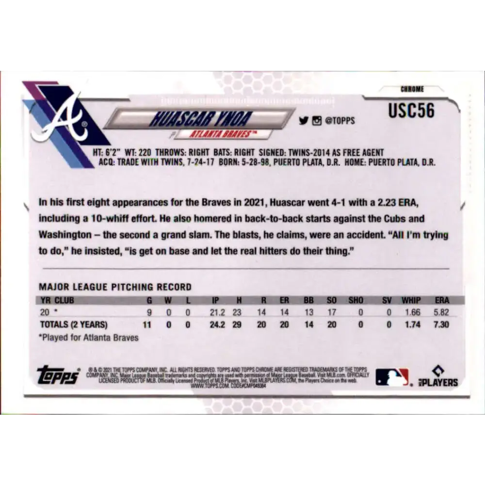 2021 Topps Chrome Update #USC56 Huascar Ynoa NM-MT RC Rookie Atlanta Braves Baseball Card - Baseball Card Single
