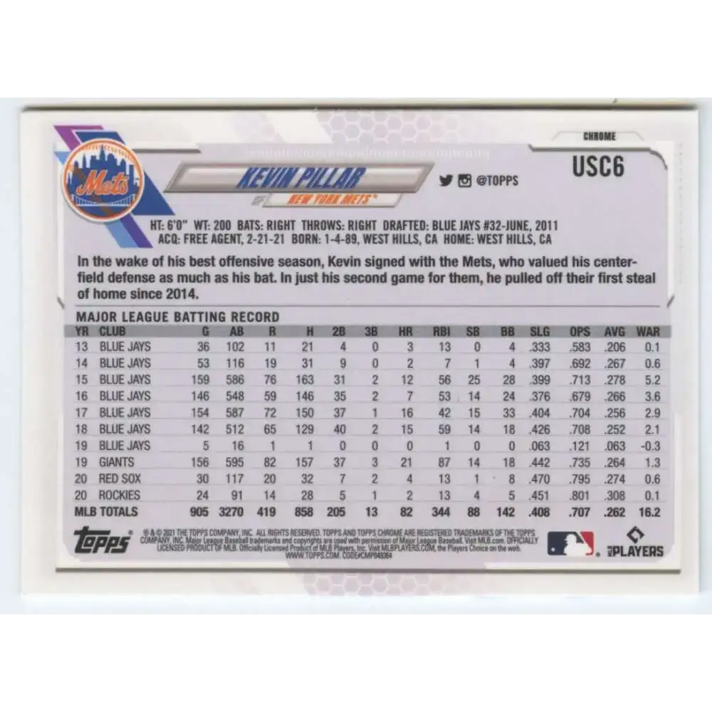2021 Topps Chrome Update #USC6 Kevin Pillar NM-MT New York Mets Baseball Card - Baseball Card Single