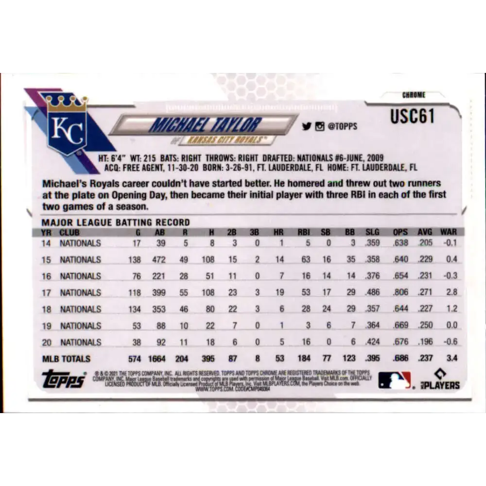 2021 Topps Chrome Update #USC61 Michael Taylor NM-MT Kansas City Royals Baseball Card - Baseball Card Single