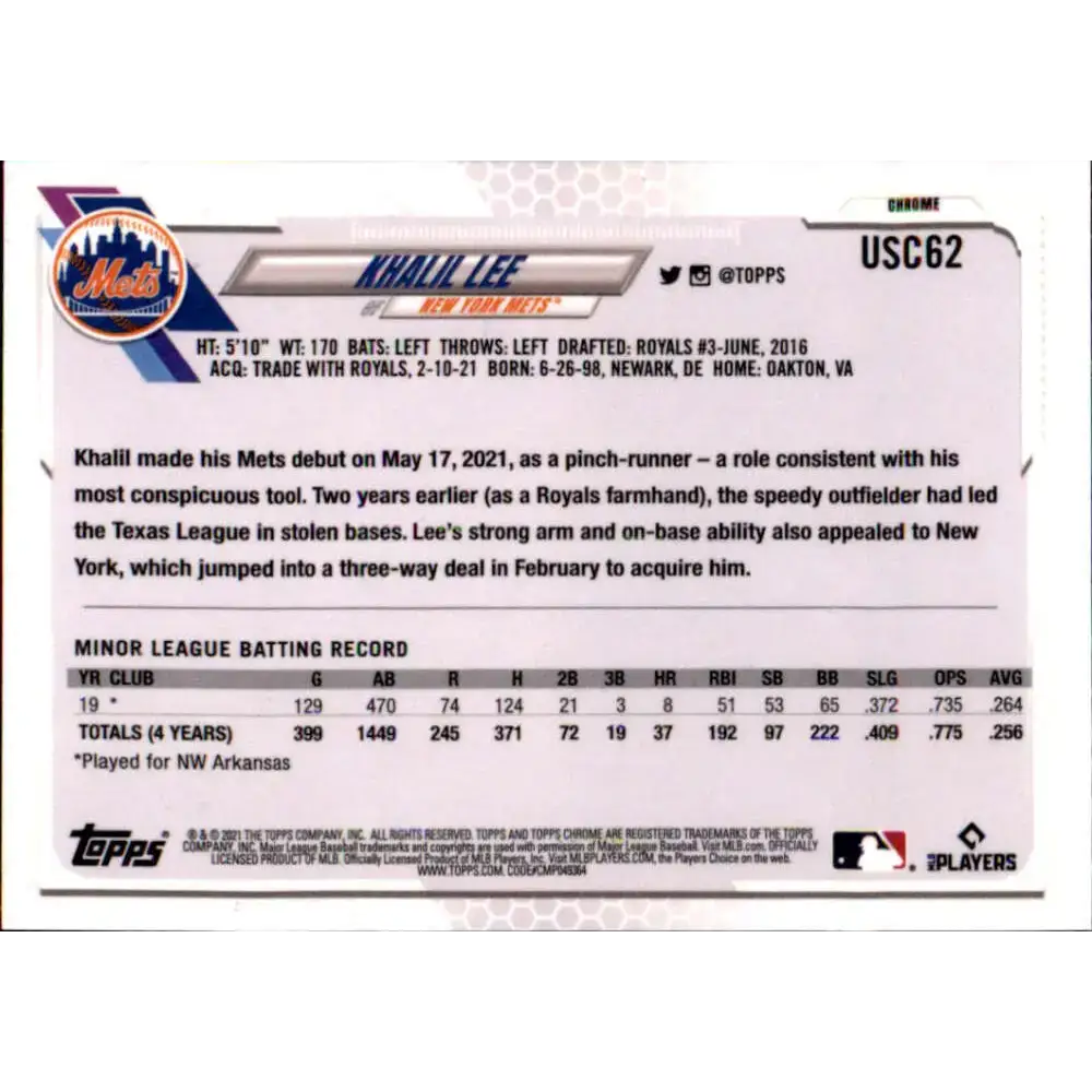 2021 Topps Chrome Update #USC62 Khalil Lee NM-MT RC Rookie New York Mets Baseball Card - Baseball Card Single