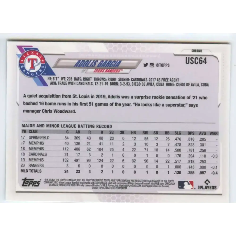 2021 Topps Chrome Update #USC64 Adolis Garcia NM-MT Texas Rangers Baseball Card - Baseball Card Single