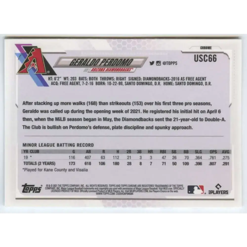 2021 Topps Chrome Update #USC66 Geraldo Perdomo NM-MT RC Rookie Arizona Diamondbacks Baseball Card - Baseball Card