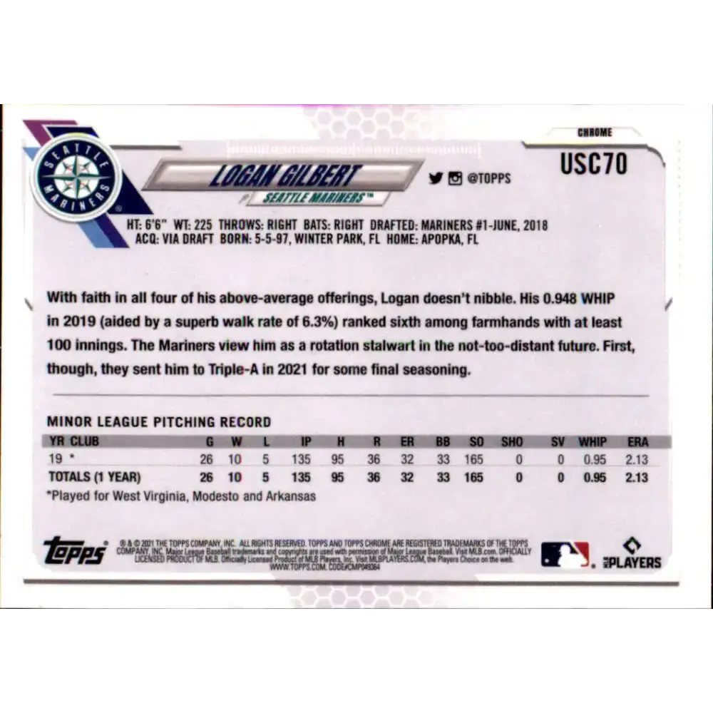 2021 Topps Chrome Update #USC70 Logan Gilbert NM-MT RC Rookie Seattle Mariners Baseball Card - Baseball Card Single