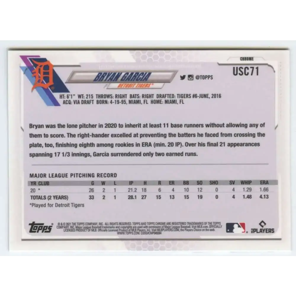 2021 Topps Chrome Update #USC71 Bryan Garcia NM-MT RC Rookie Detroit Tigers Baseball Card - Baseball Card Single