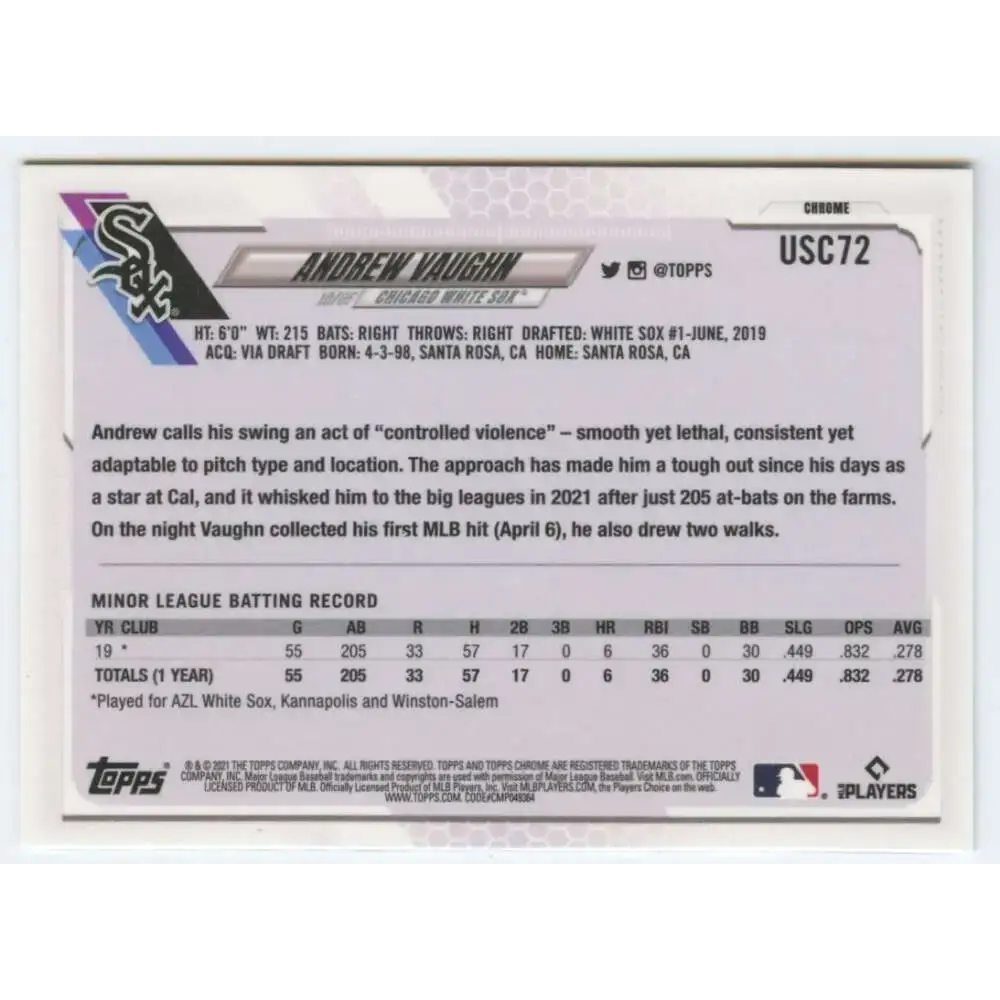 2021 Topps Chrome Update #USC72 Andrew Vaughn NM-MT RC Rookie Chicago White Sox Baseball Card