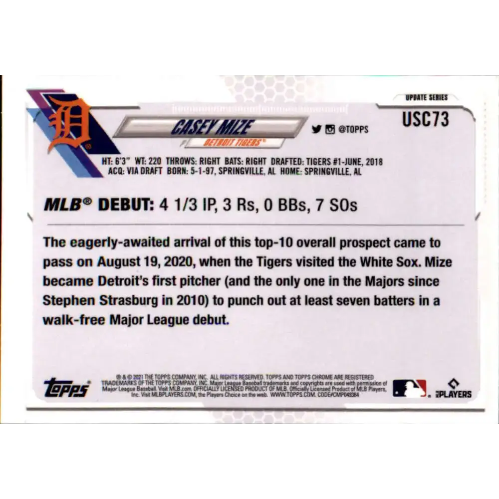 2021 Topps Chrome Update #USC73 Casey Mize NM-MT RC Rookie Detroit Tigers Baseball Card - Baseball Card Single