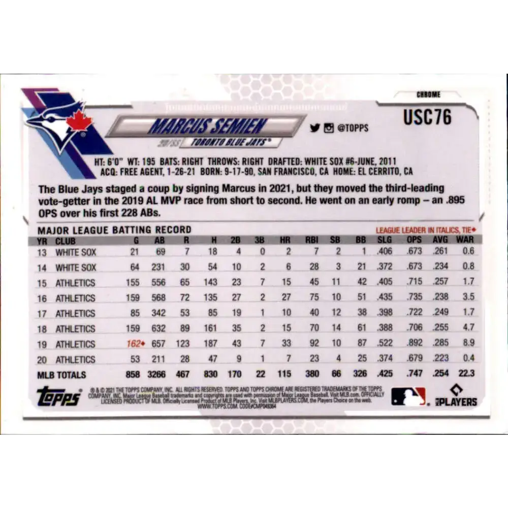 2021 Topps Chrome Update #USC76 Marcus Semien NM-MT Toronto Blue Jays Baseball Card - Baseball Card Single