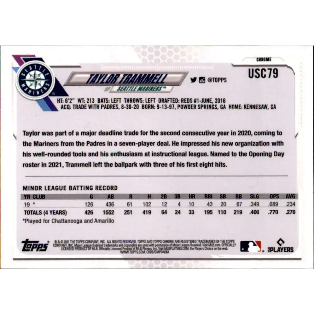 2021 Topps Chrome Update #USC79 Taylor Trammell NM-MT RC Rookie Seattle Mariners Baseball Card - Baseball Card Single