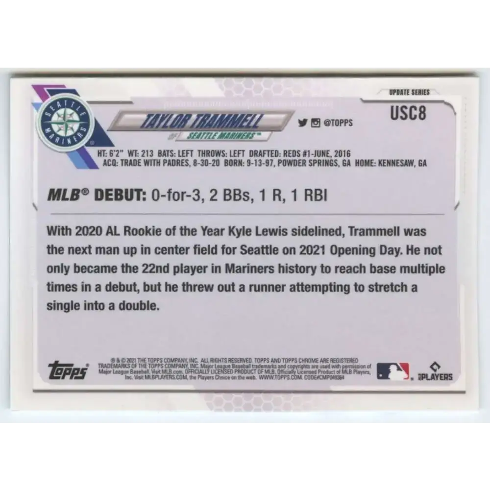 2021 Topps Chrome Update #USC8 Taylor Trammell NM-MT RC Rookie Seattle Mariners Baseball Card - Baseball Card Single