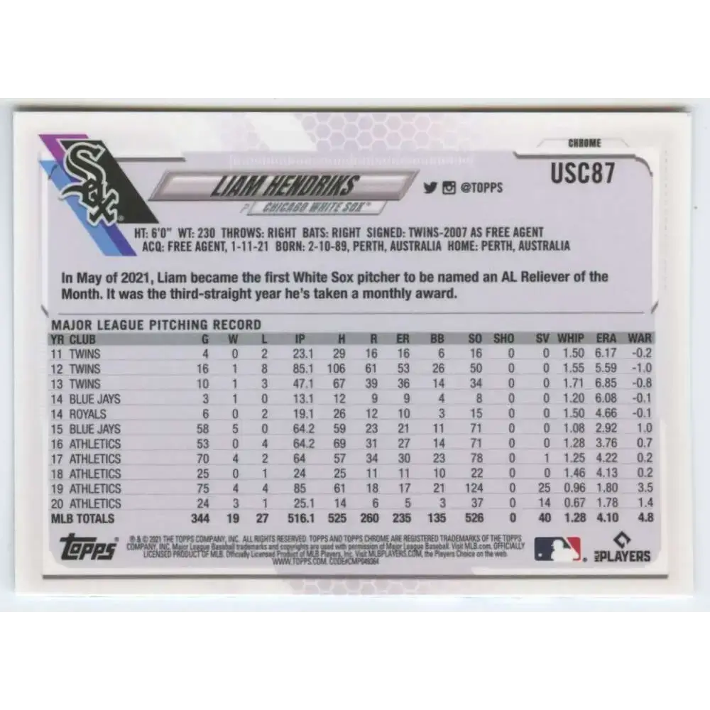 2021 Topps Chrome Update #USC87 Liam Hendriks NM-MT Chicago White Sox Baseball Card - Trading Card