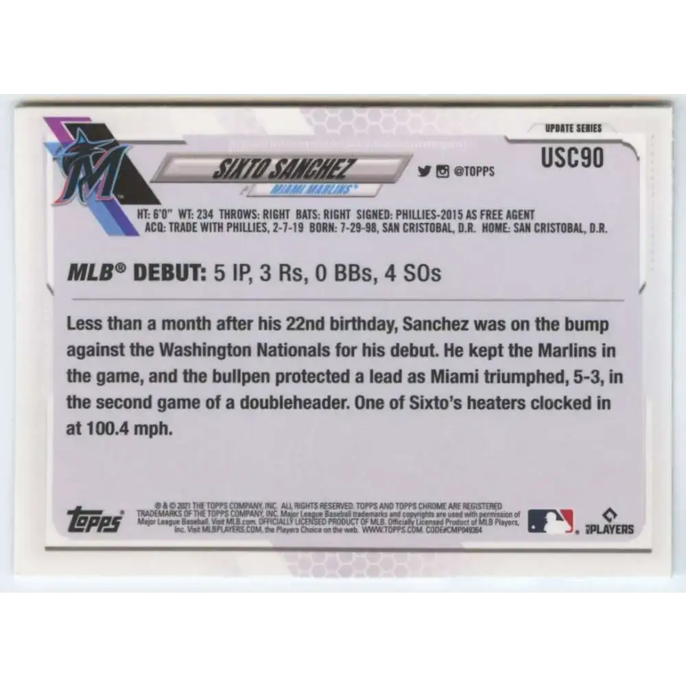 2021 Topps Chrome Update #USC90 Sixto Sanchez NM-MT RC Rookie Miami Marlins Baseball Card - Baseball Card