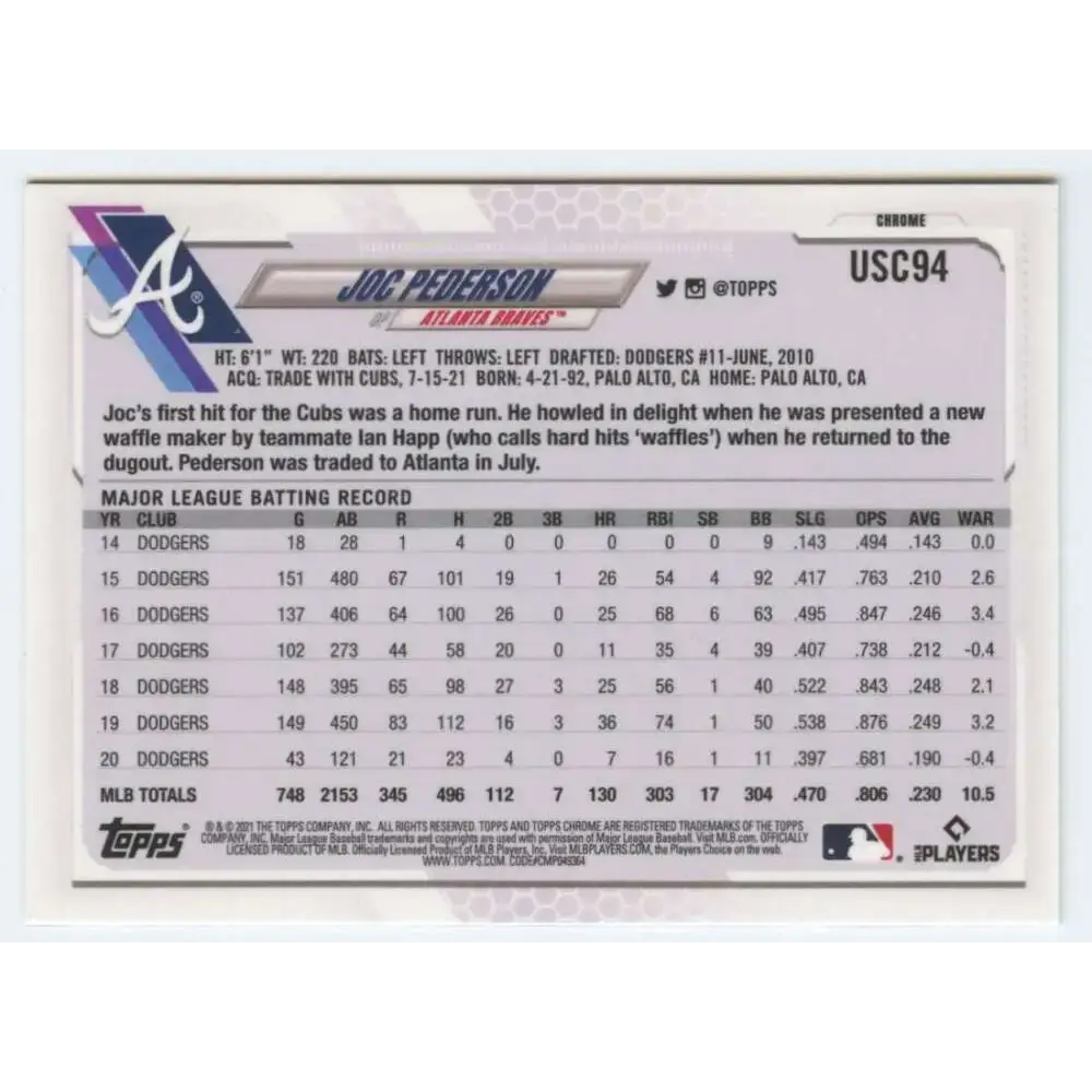 2021 Topps Chrome Update #USC94 Joc Pederson NM-MT Atlanta Braves Baseball Card - Baseball Card Single