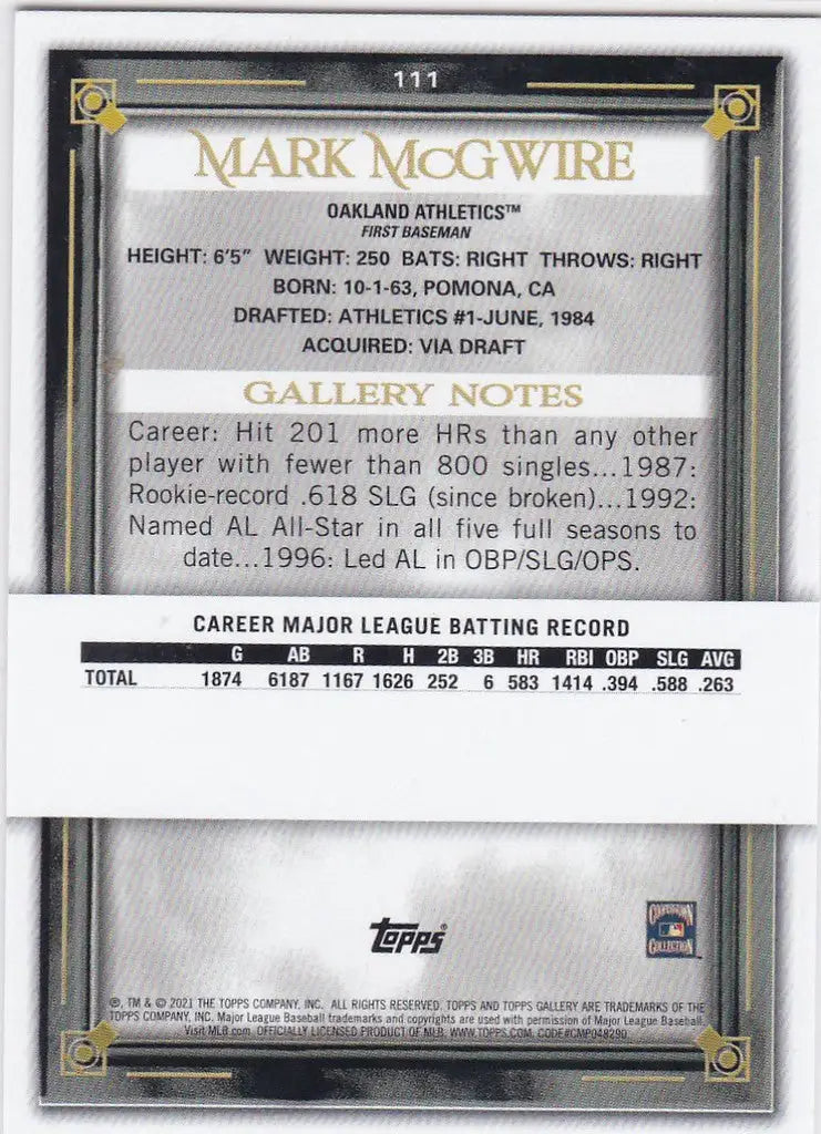 Baseball card of Mark McGwire Oakland Athletics with career statistics from Topps Gallery