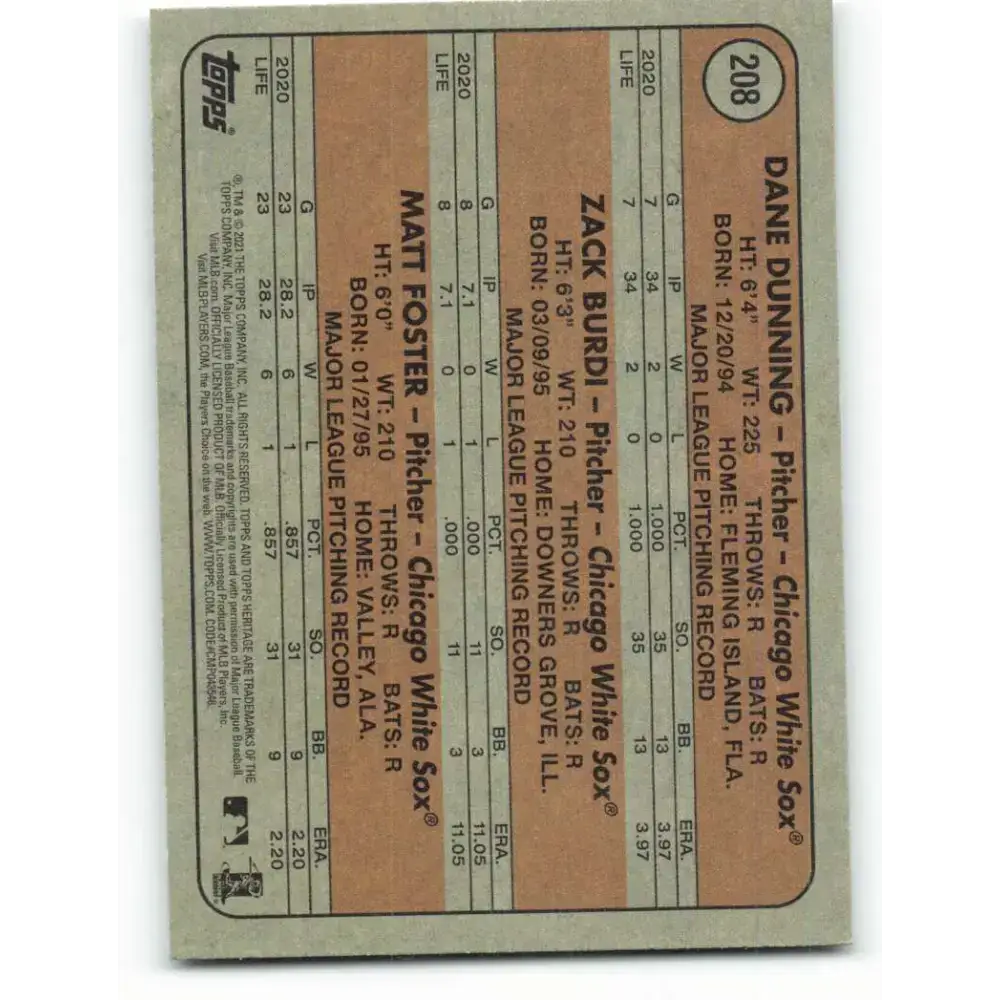 2021 Topps Heritage #208 Matt Foster/Dane Dunning/Zack Burdi NM-MT RC Rookie Chicago White Sox Baseball Card - Baseball