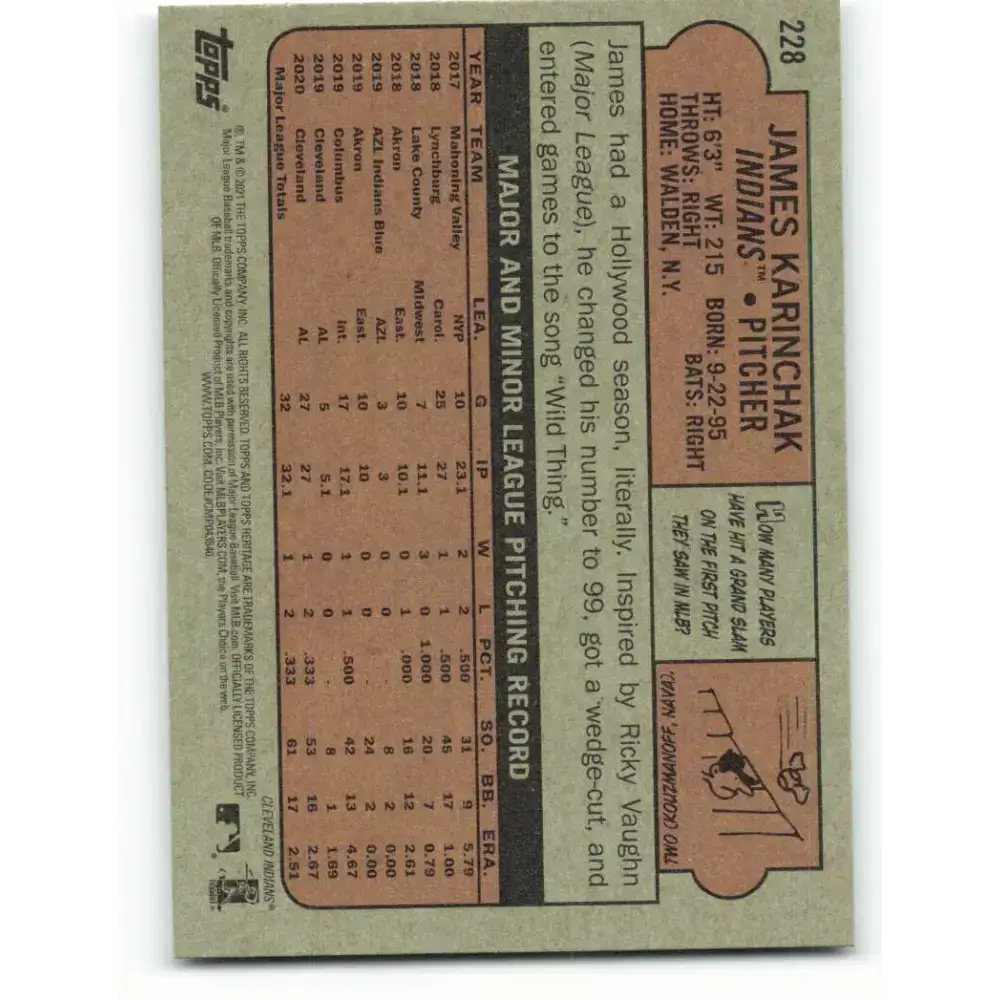 2021 Topps Heritage #228 James Karinchak NM-MT Cleveland Indians Baseball Card - Baseball Card Single