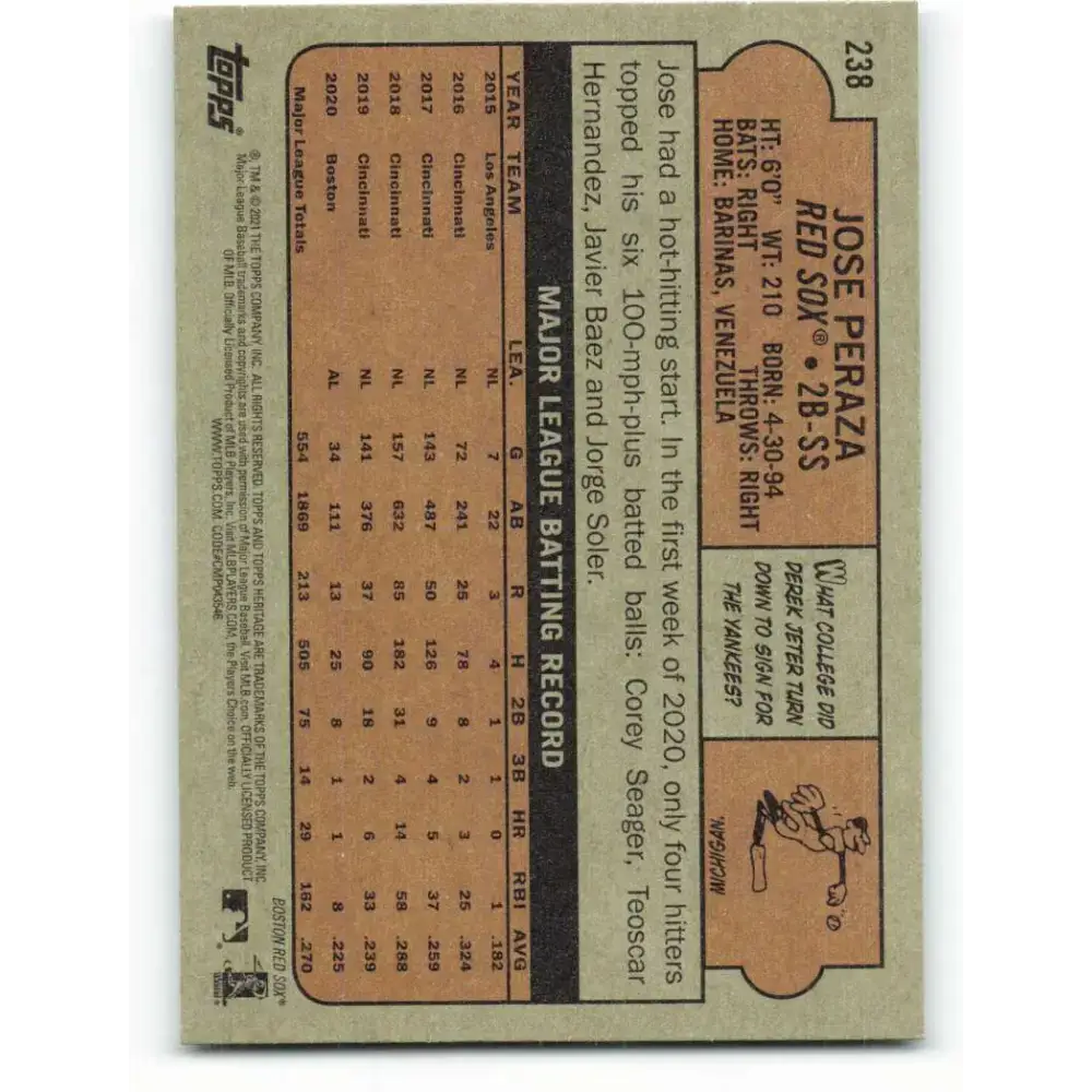 2021 Topps Heritage #238 Jose Peraza NM-MT Boston Red Sox Baseball Card - Baseball Card Single