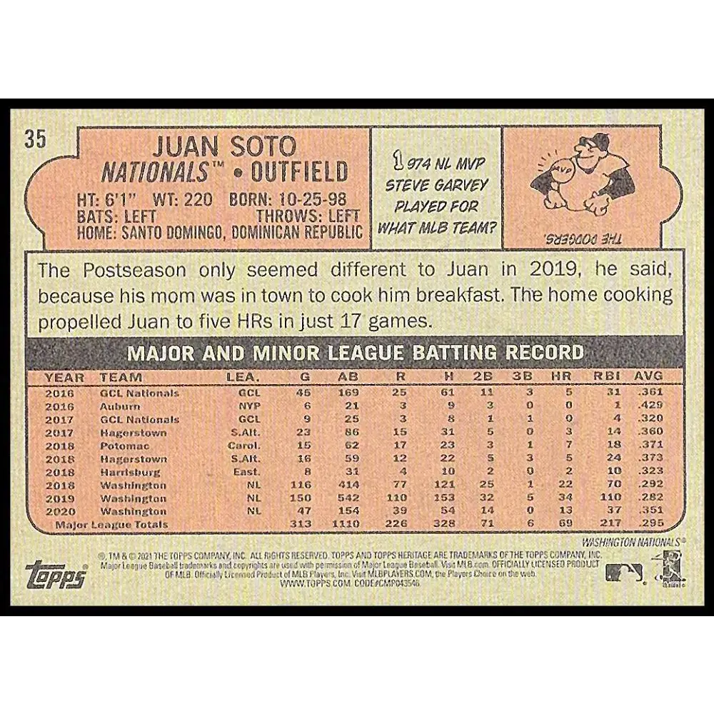 2021 Topps Heritage #35 Juan Soto NM-MT Washington Nationals Baseball Card - Baseball Card Single