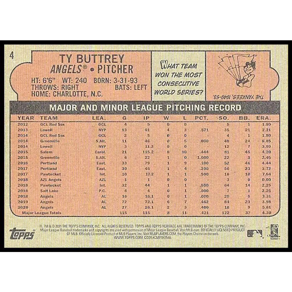 2021 Topps Heritage #4 Ty Buttrey NM-MT Los Angeles Angels Baseball Card - Baseball Card Single