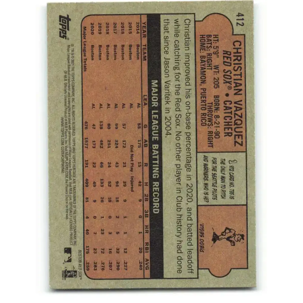 2021 Topps Heritage #412 Christian Vazquez NM-MT SP Boston Red Sox Baseball Card - Baseball Card Single