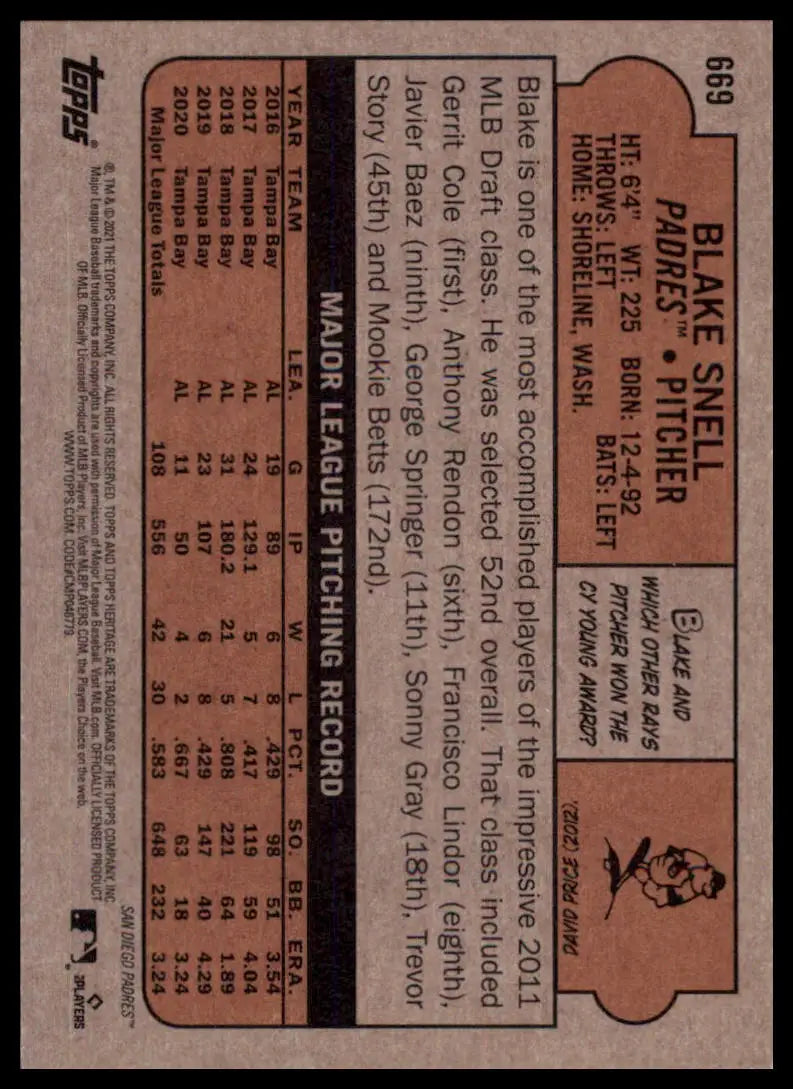 2021 Topps Heritage Blake Snell 669 San Diego Padres NM - Baseball Card Single