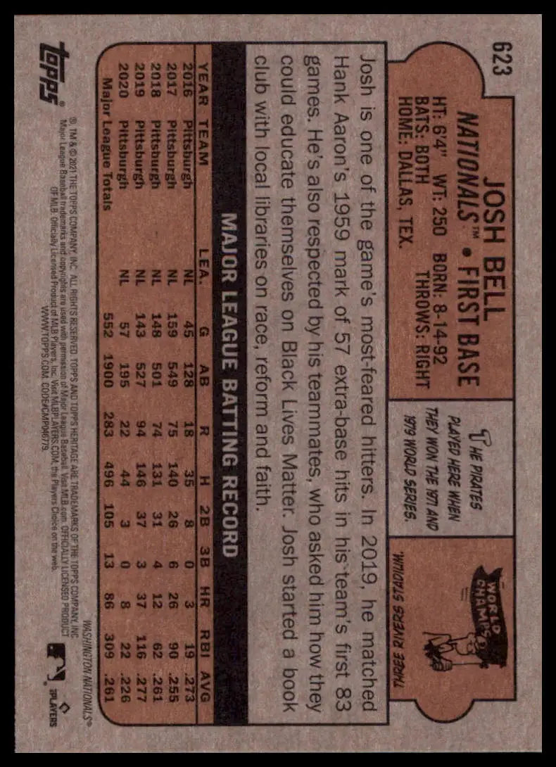 2021 Topps Heritage Josh Bell 623 Washington Nationals NM - Baseball Card Single