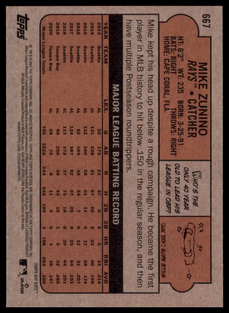 2021 Topps Heritage Mike Zunino 667 Tampa Bay Rays NM - Baseball Card Single