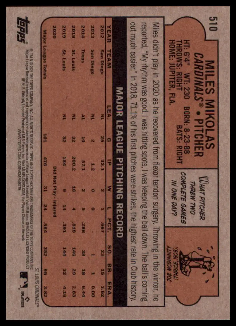 2021 Topps Heritage Miles Mikolas 510 St. Louis Cardinals NM - Baseball Card Single
