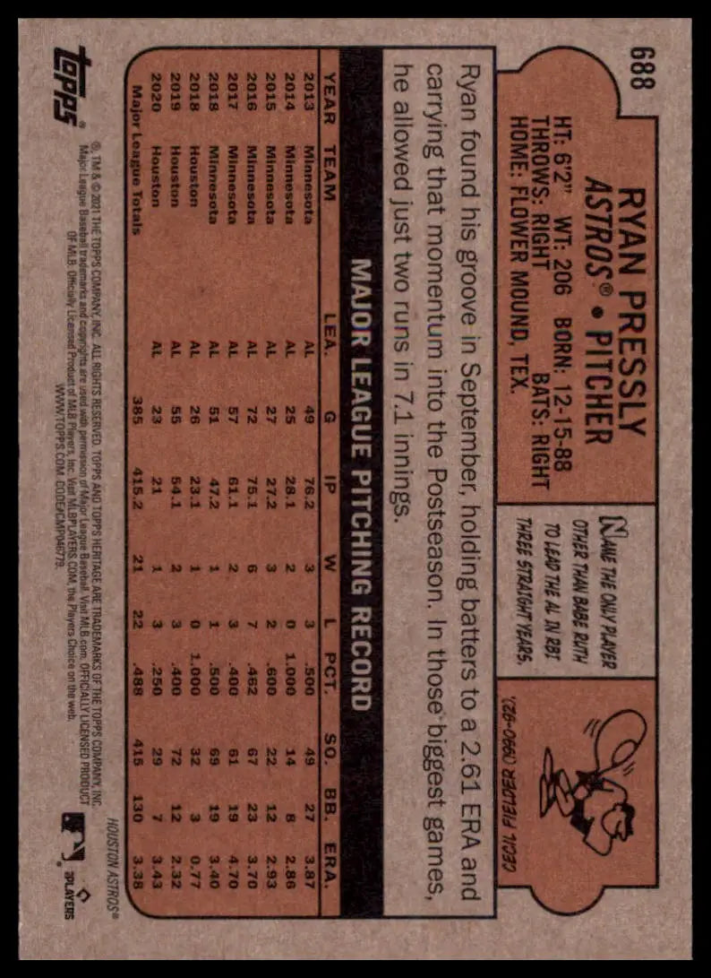 2021 Topps Heritage Ryan Pressly 688 Houston Astros NM - Baseball Card Single