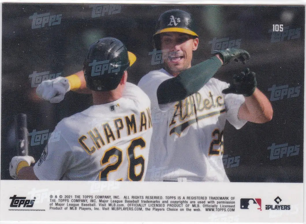 Baseball trading card featuring Oakland Athletics players celebrating from 2021 TOPPS NOW