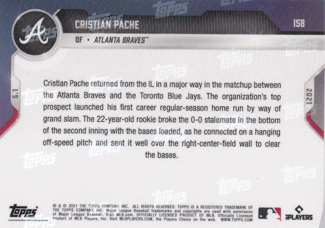 Cristian Pache baseball card from 2021 TOPPS NOW featuring Atlanta Braves player